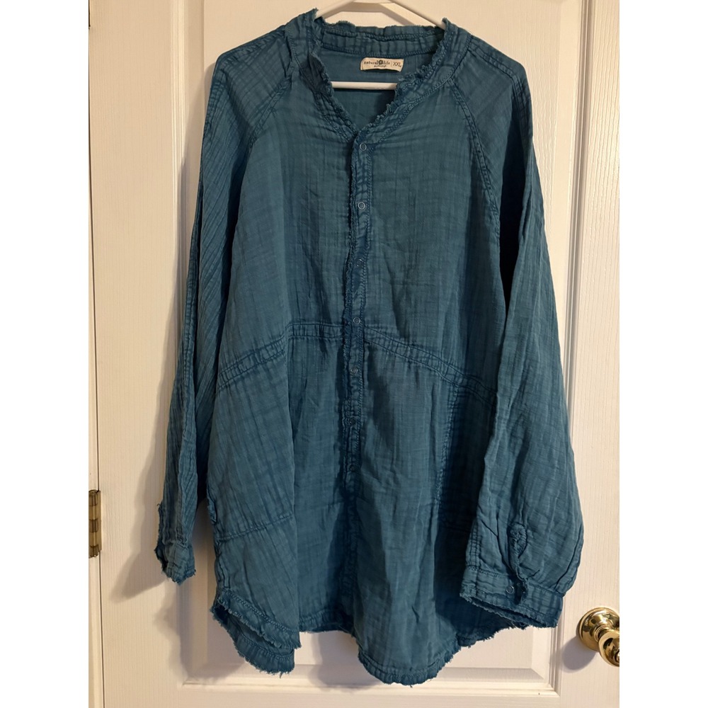 Natural Life Tunic Dress Women XXL Teal Blue Gauze Raw Hem Button Down NWOT